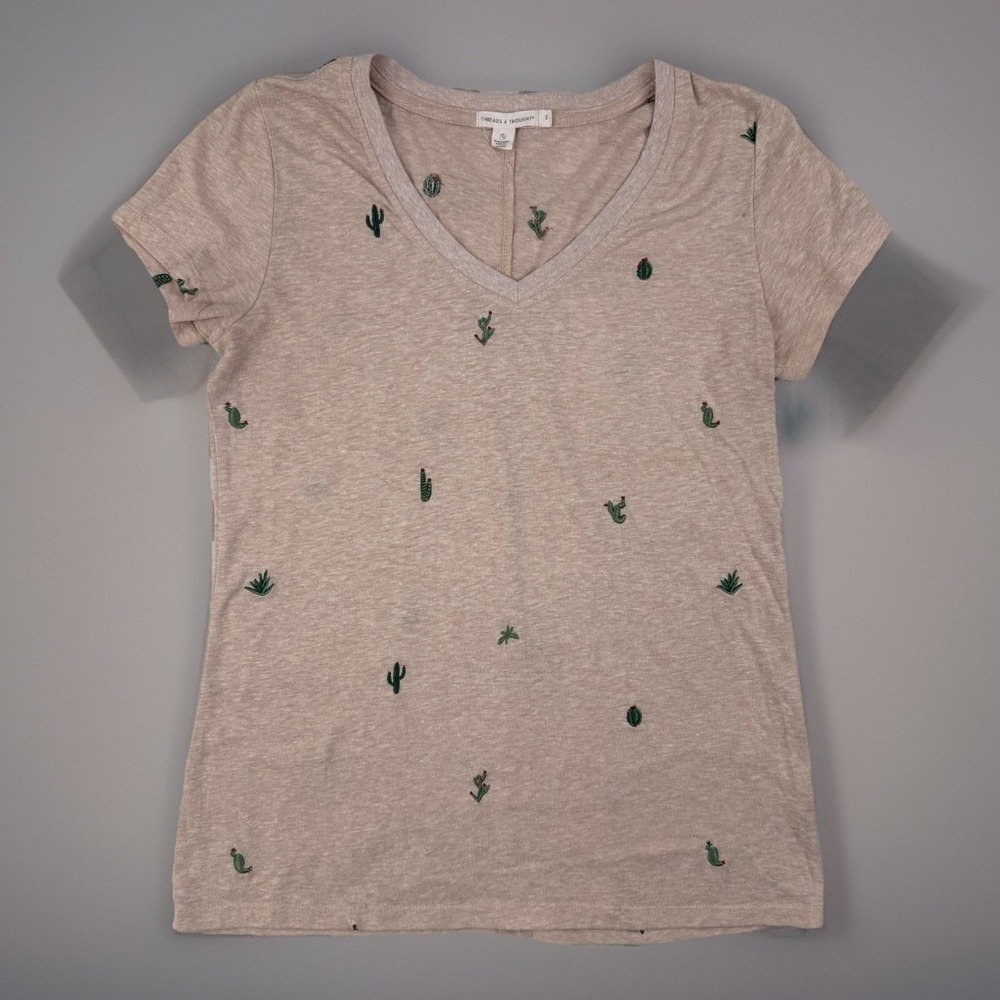 Boho Desert Cactus Embroidered Tee Beige V Neck Threads 4 Thought
